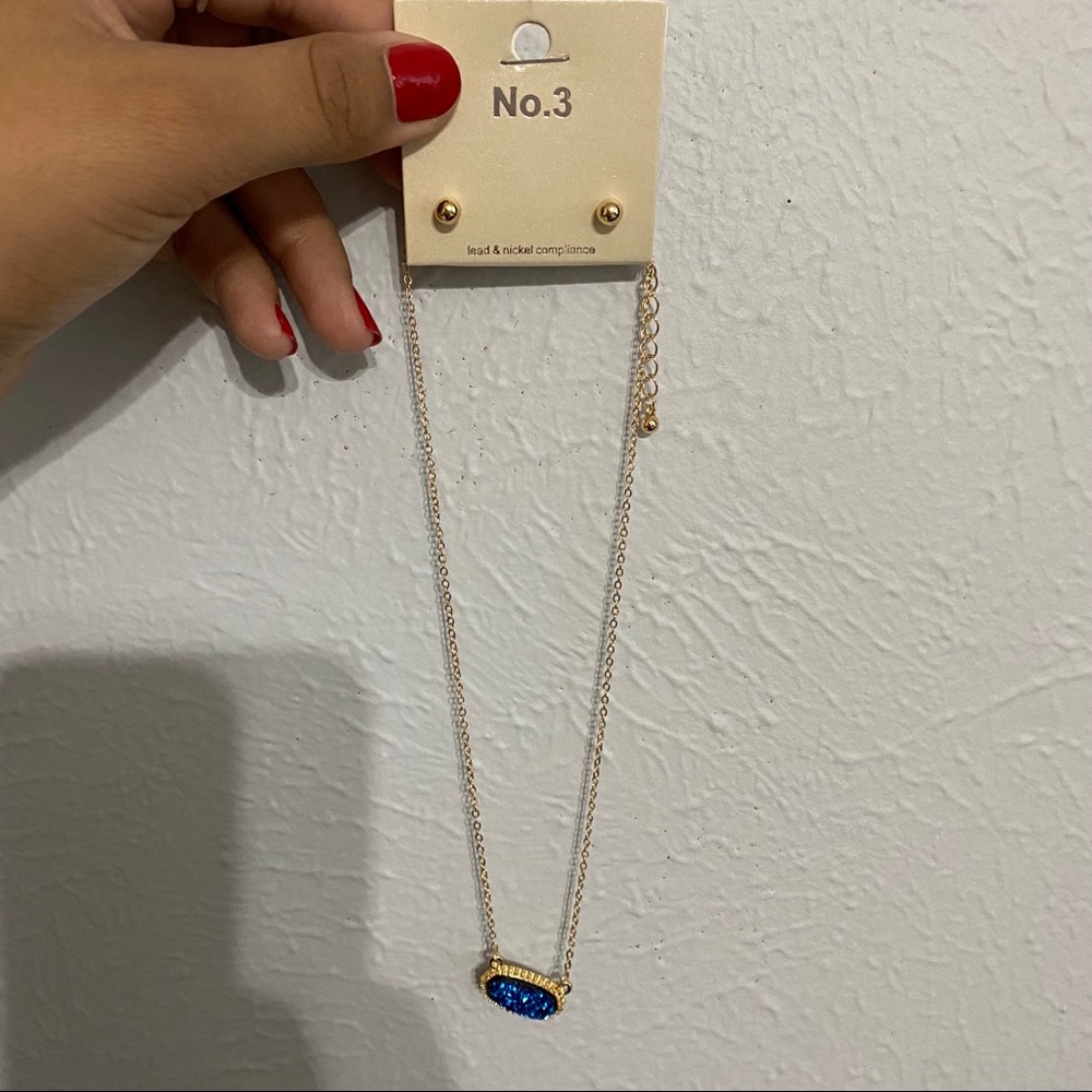 Gold and Blue Druzy Necklace with studs